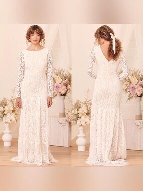 Lulus Women's Ivory Lace Long-Sleeve Boho Wedding Dress